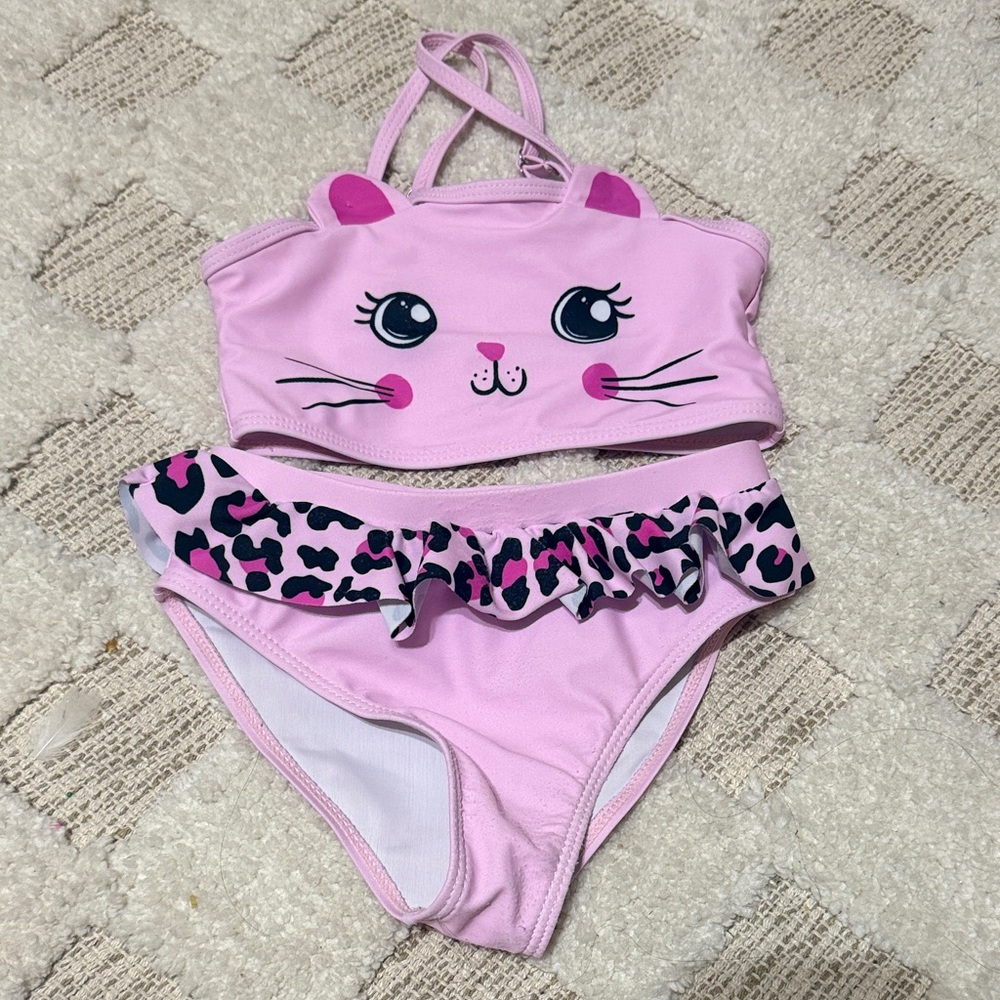 SHEIN Pink Cat Face Ruffle Two-Piece Swim Set